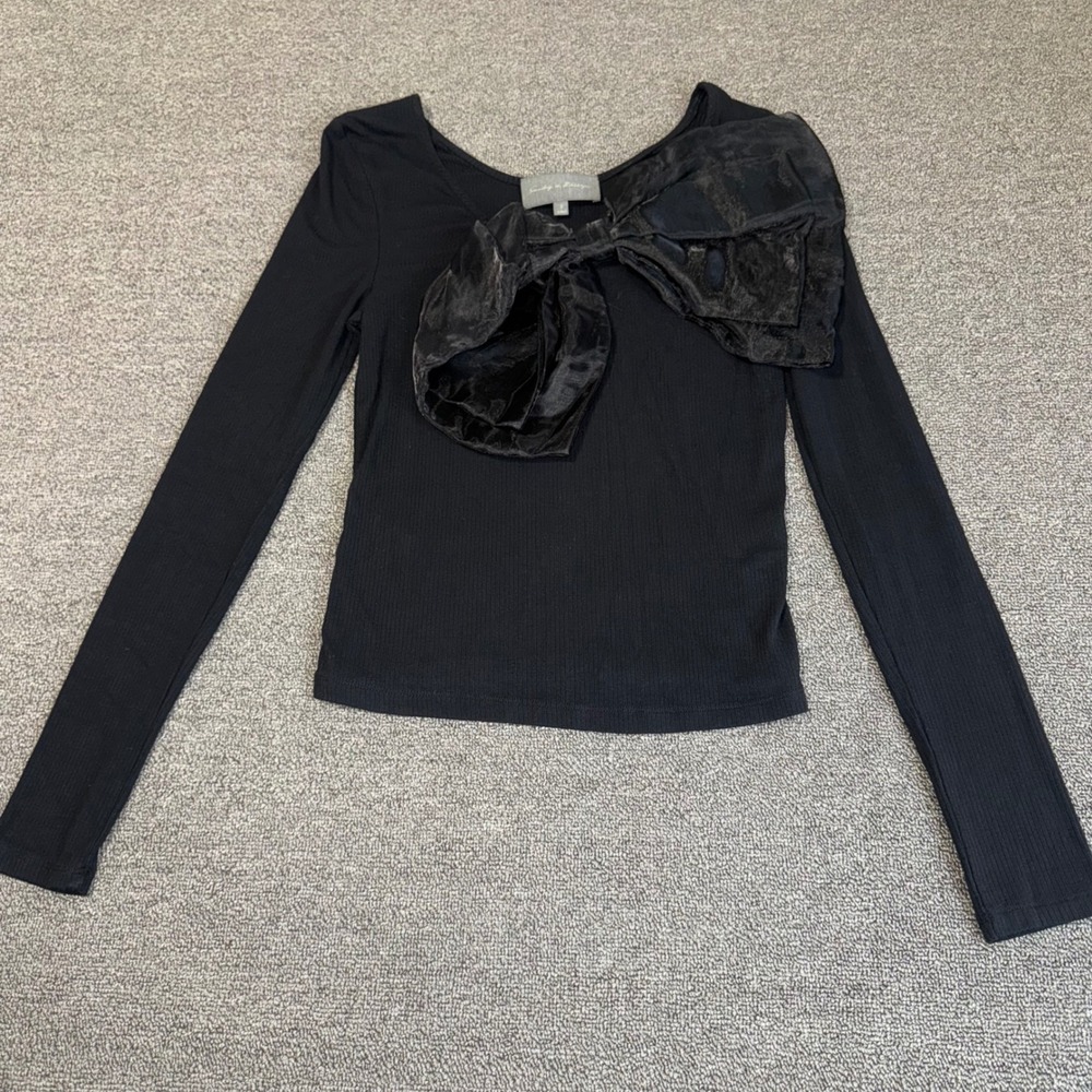 Sunday in Brooklyn Black Ribbed Long Sleeve Top Oversized Sheer Bow Detail Small